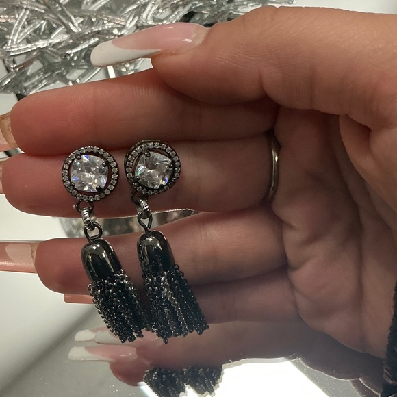 Elegant Black and Silver Tassel Earrings - Picture 2 of 6
